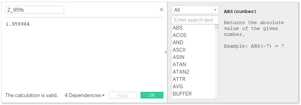 Creating a calculated field - 95% Z value
